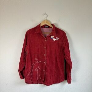 Vintage Wise Corduroy Button Down Women Small Red Embroidered Giraffe Teddy Bear